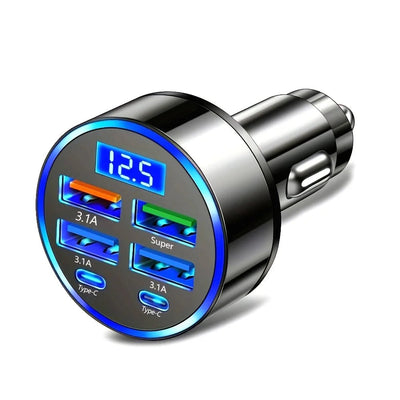 6 - in - 1 Fast Charging Car Adapter 3.1A Dual Type - C Digital Display Smartphones Tablets Power Banks Black Portable Charger - Maxx accessoires auto