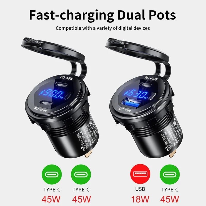 90W Quick Charge Car Charger PD Port Fast Charging Switch ON/OFF Phone Charger LED Display Power Adapter 12V 24V for Car Boat RV - Maxx accessoires auto