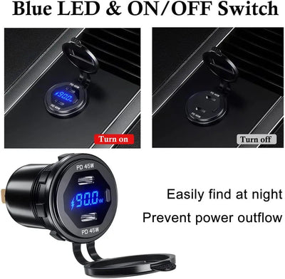 90W Quick Charge Car Charger PD Port Fast Charging Switch ON/OFF Phone Charger LED Display Power Adapter 12V 24V for Car Boat RV - Maxx accessoires auto