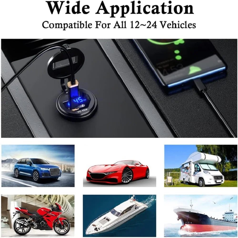 90W Quick Charge Car Charger PD Port Fast Charging Switch ON/OFF Phone Charger LED Display Power Adapter 12V 24V for Car Boat RV - Maxx accessoires auto