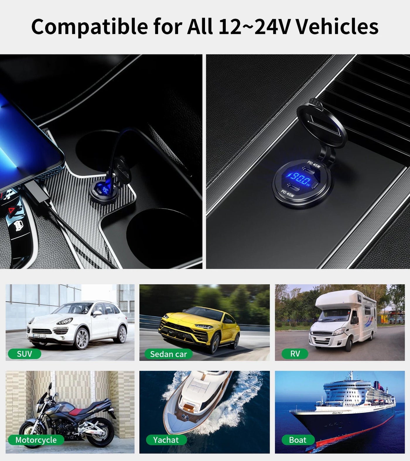 90W Quick Charge Car Charger PD Port Fast Charging Switch ON/OFF Phone Charger LED Display Power Adapter 12V 24V for Car Boat RV - Maxx accessoires auto