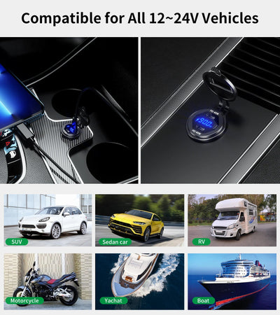 90W Quick Charge Car Charger PD Port Fast Charging Switch ON/OFF Phone Charger LED Display Power Adapter 12V 24V for Car Boat RV - Maxx accessoires auto