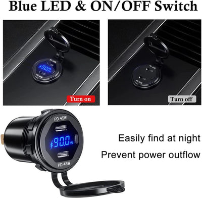 90W Quick Charge Car Charger PD Port Fast Charging Switch ON/OFF Phone Charger LED Display Power Adapter 12V 24V for Car Boat RV - Maxx accessoires auto