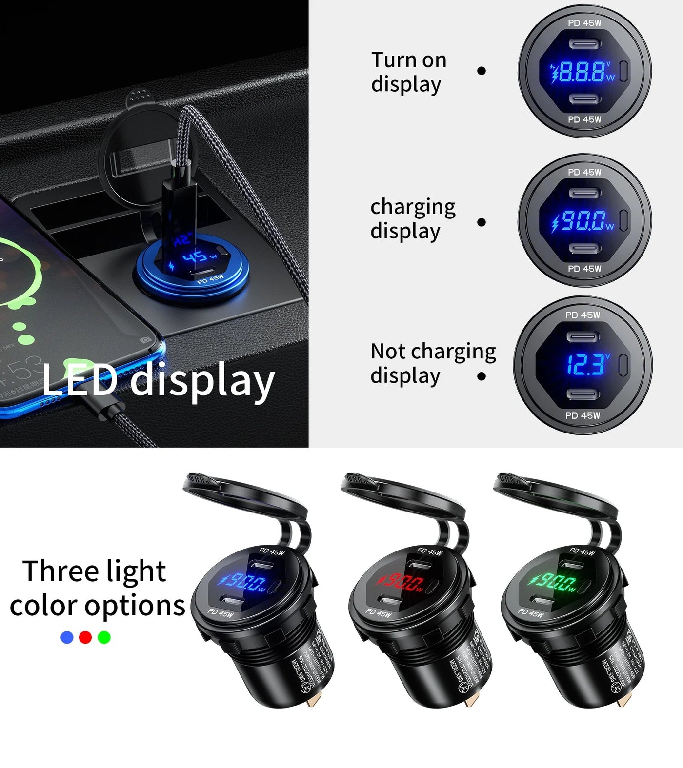 90W Quick Charge Car Charger PD Port Fast Charging Switch ON/OFF Phone Charger LED Display Power Adapter 12V 24V for Car Boat RV - Maxx accessoires auto