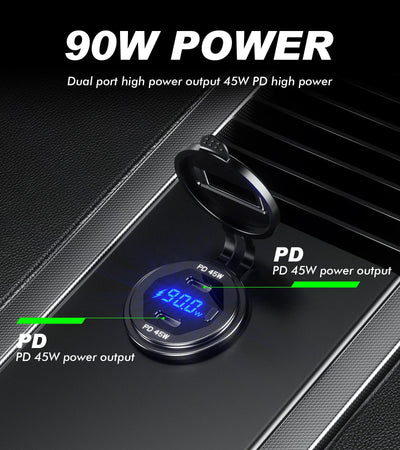 90W Quick Charge Car Charger PD Port Fast Charging Switch ON/OFF Phone Charger LED Display Power Adapter 12V 24V for Car Boat RV - Maxx accessoires auto