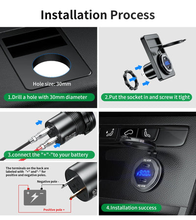 90W Quick Charge Car Charger PD Port Fast Charging Switch ON/OFF Phone Charger LED Display Power Adapter 12V 24V for Car Boat RV - Maxx accessoires auto
