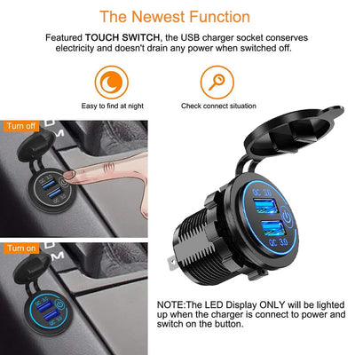 Quick Charge 3.0 Dual USB Car Charger Waterproof 12V/24V QC3.0 USB Fast Charger Socket Power Outlet with Touch Switch