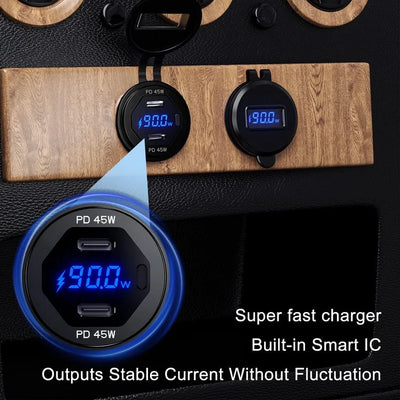 90W Quick Charge Car Charger PD Port Fast Charging Switch ON/OFF Phone Charger LED Display Power Adapter 12V 24V for Car Boat RV