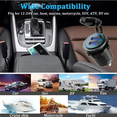 Car Quckly Charging Adapter 60W Dual QC 3.0 Dual USB Fast Car Charger Socket 12V/24V Waterproof with Switch Auto Power Outlet
