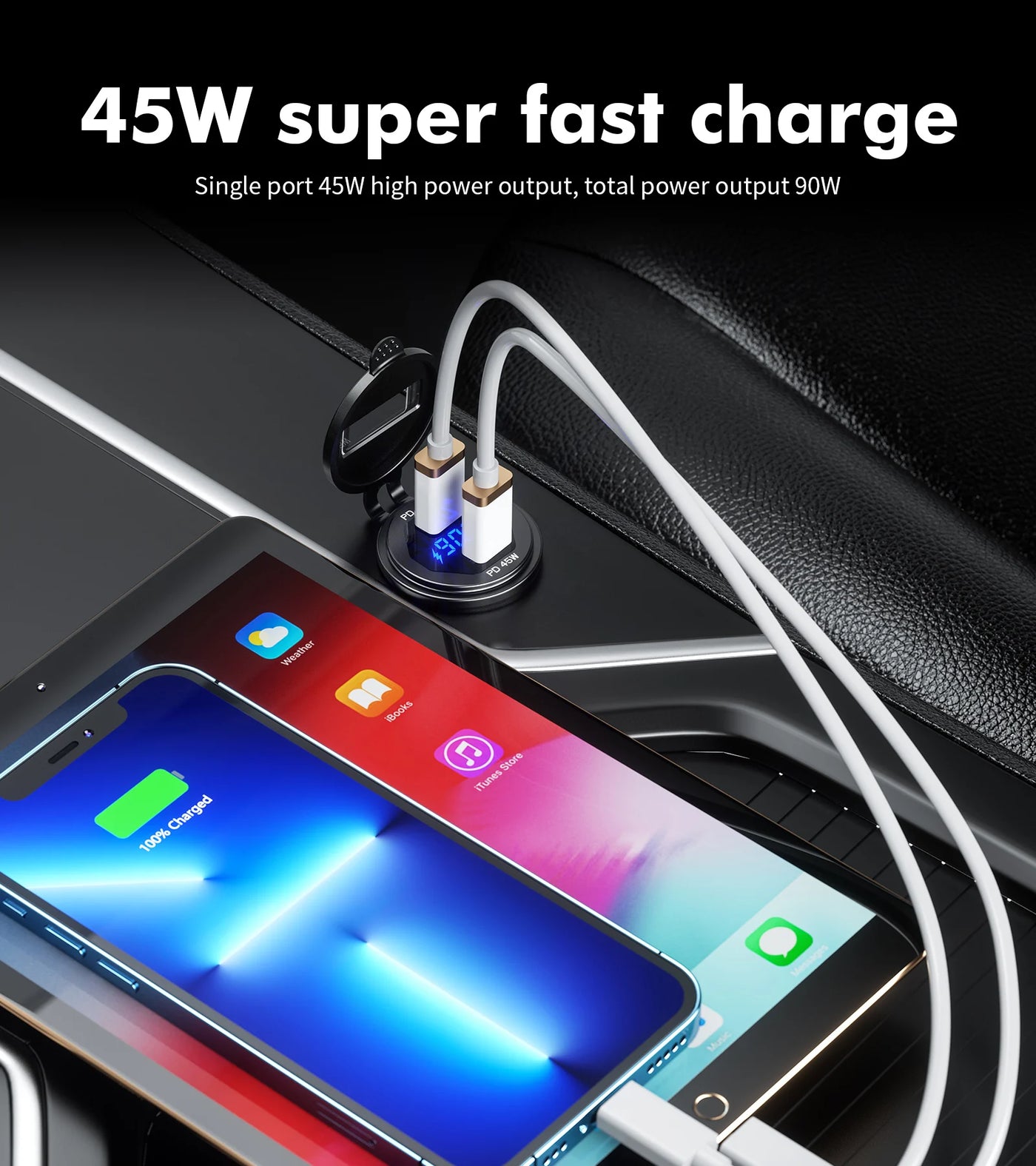 90W Quick Charge Car Charger PD Port Fast Charging Switch ON/OFF Phone Charger LED Display Power Adapter 12V 24V for Car Boat RV