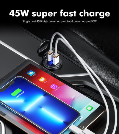90W Quick Charge Car Charger PD Port Fast Charging Switch ON/OFF Phone Charger LED Display Power Adapter 12V 24V for Car Boat RV