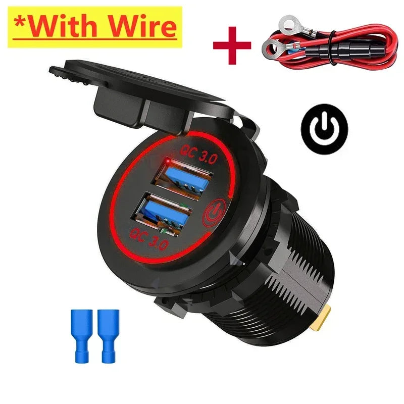 Car Quckly Charging Adapter 60W Dual QC 3.0 Dual USB Fast Car Charger Socket 12V/24V Waterproof with Switch Auto Power Outlet