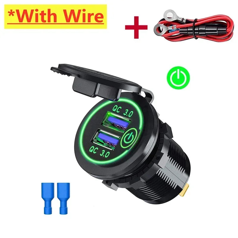 Car Quckly Charging Adapter 60W Dual QC 3.0 Dual USB Fast Car Charger Socket 12V/24V Waterproof with Switch Auto Power Outlet