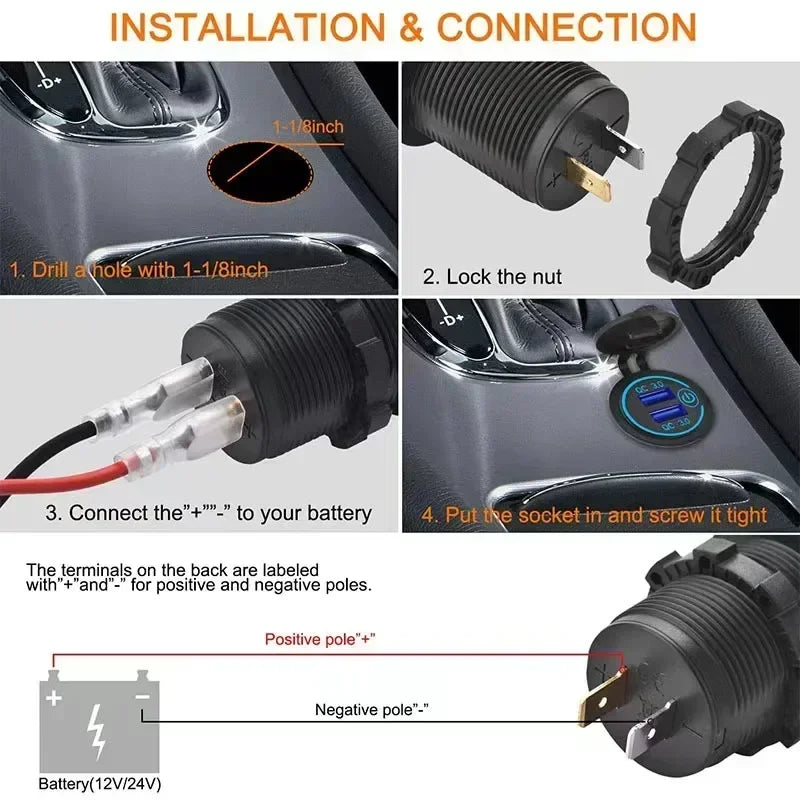 Car Quckly Charging Adapter 60W Dual QC 3.0 Dual USB Fast Car Charger Socket 12V/24V Waterproof with Switch Auto Power Outlet