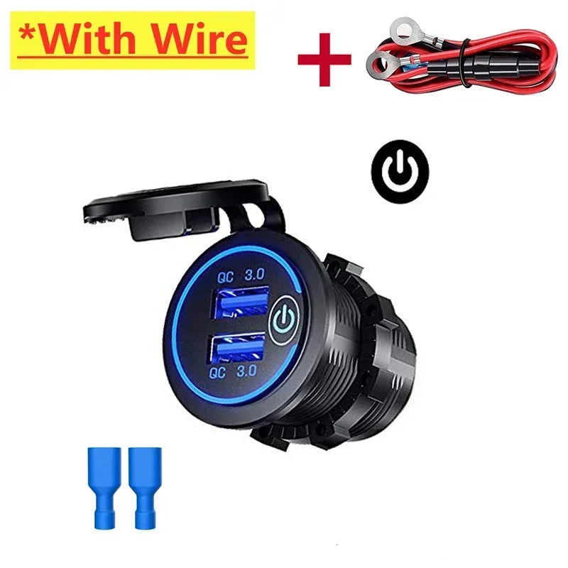 Car Quckly Charging Adapter 60W Dual QC 3.0 Dual USB Fast Car Charger Socket 12V/24V Waterproof with Switch Auto Power Outlet