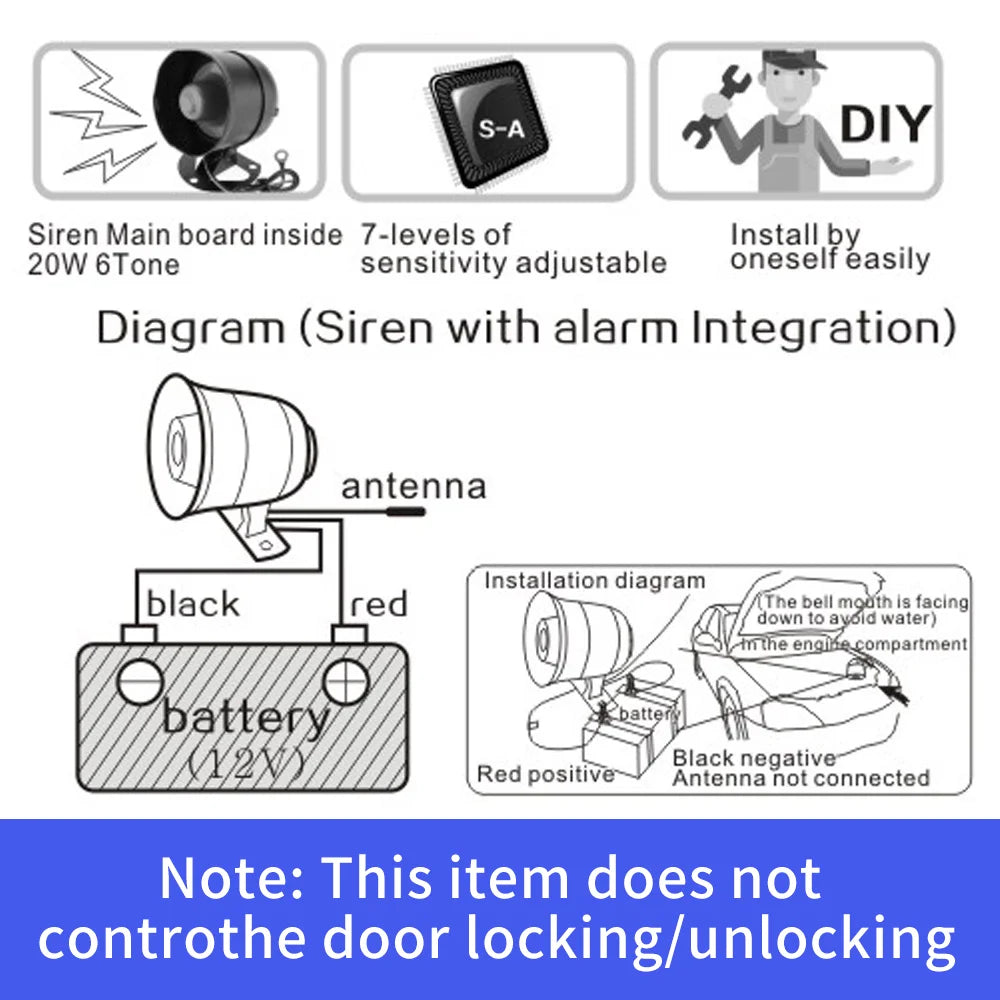 Horn Alarm Portable Universal 12V Vehicle Burglar Alarm Security Protection Auto Car Alarm System 2 Remote Control Auto Burglar
