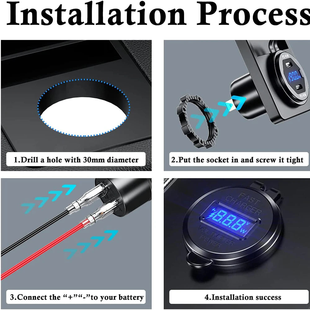 90W Quick Charge Car Charger PD Port Fast Charging Switch ON/OFF Phone Charger LED Display Power Adapter 12V 24V for Car Boat RV