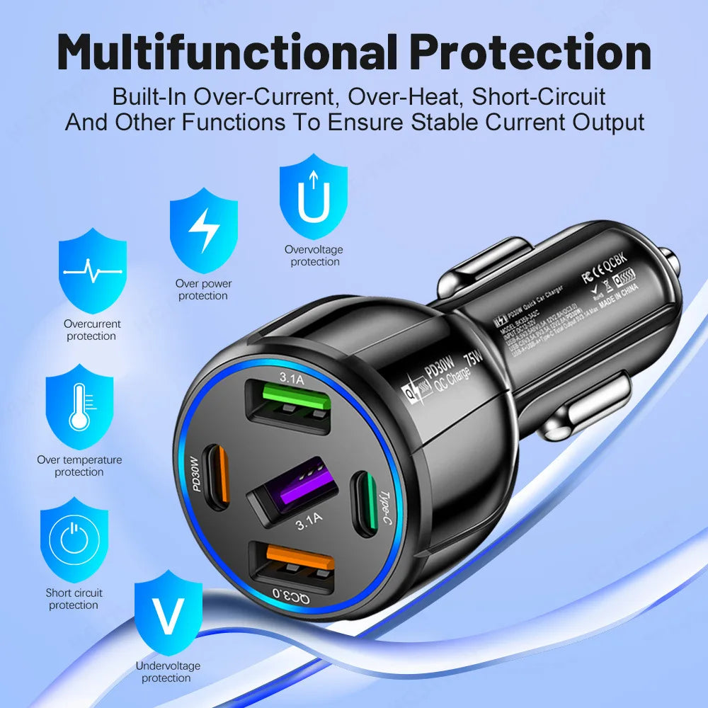 1pcs Fast Charging 5USB 3.1A Multifunctional 12V -24V Car Charger Quick Adapter Charging QC 3.0 Car Mobile for Cell Phone