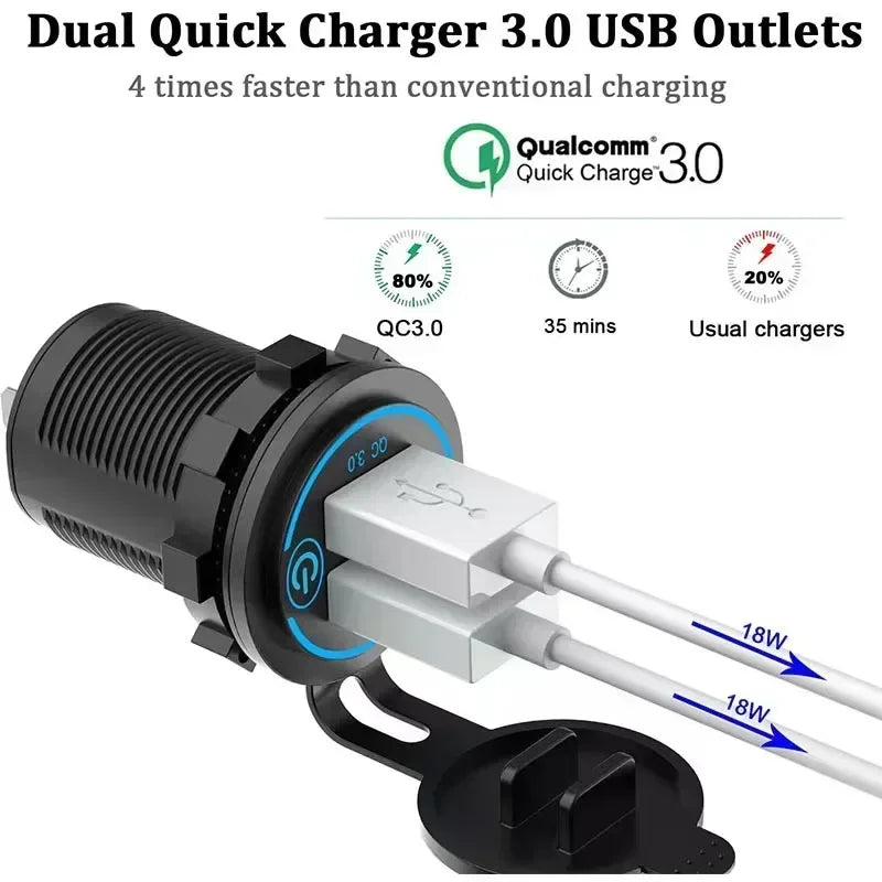 Car Quckly Charging Adapter 60W Dual QC 3.0 Dual USB Fast Car Charger Socket 12V/24V Waterproof with Switch Auto Power Outlet