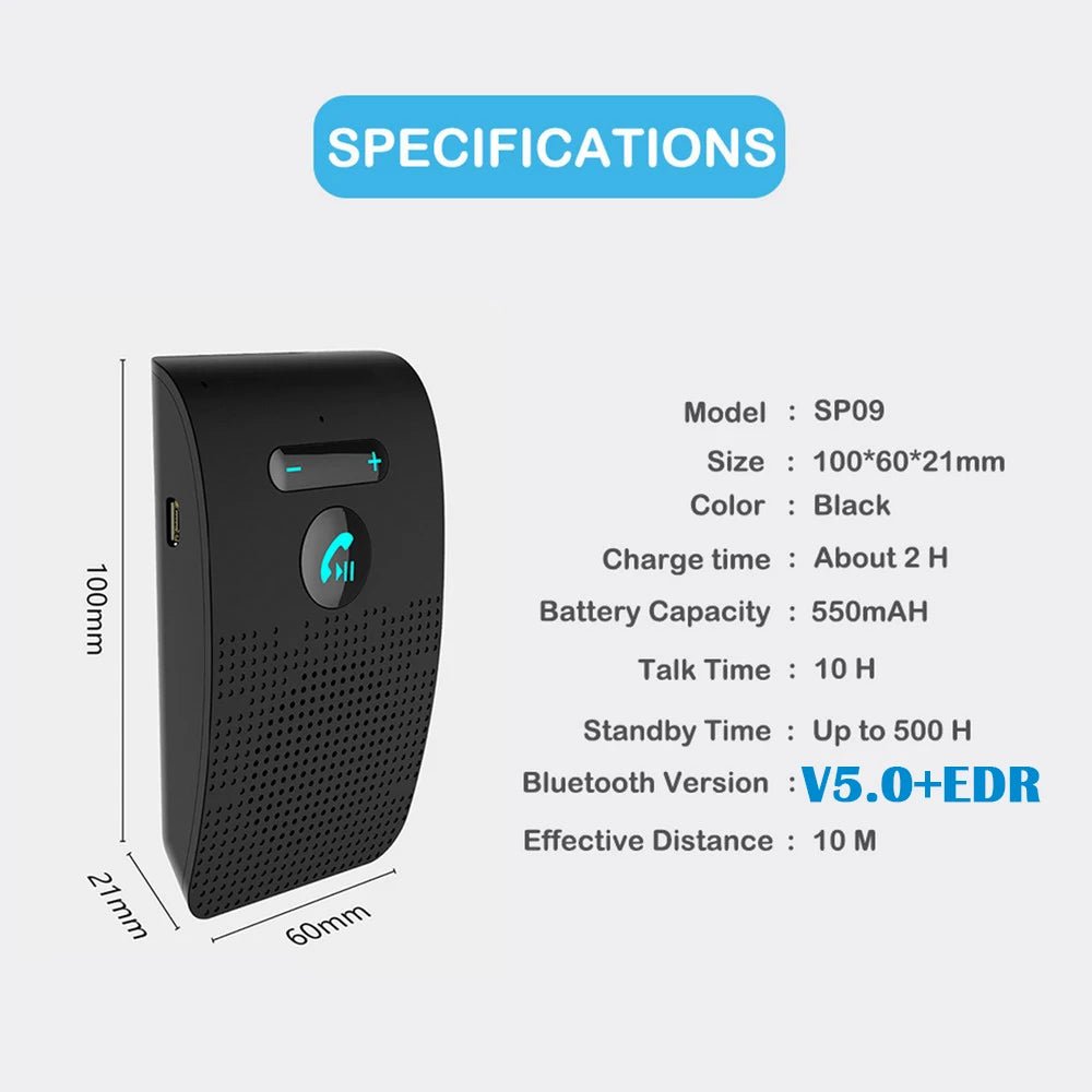 Bluetooth 5.0 Handsfree Car Kit Hifi Speaker 2W Wireless Audio Receiver MP3 Music Player Noise Cancelling Sun Visor Clip - Maxx accessoires auto
