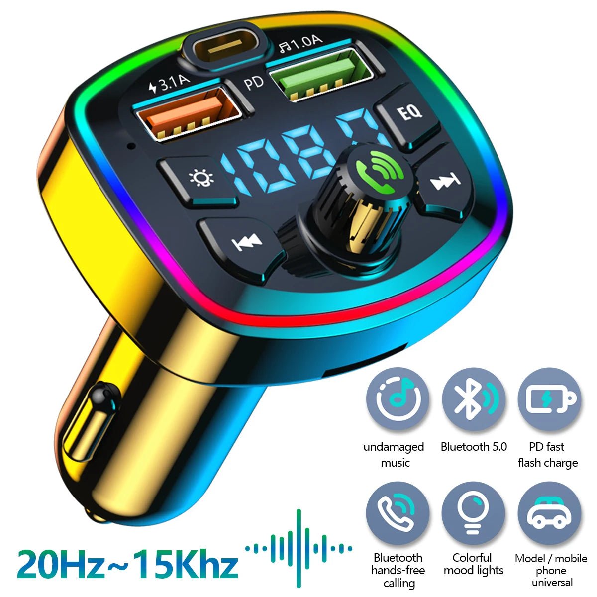 Car MP3 Player Bluetooth 5.0 FM Transmitter Handsfree Car Radio Modulator with Built - in Mic USB Quick Charge Adapter for Car - Maxx accessoires auto