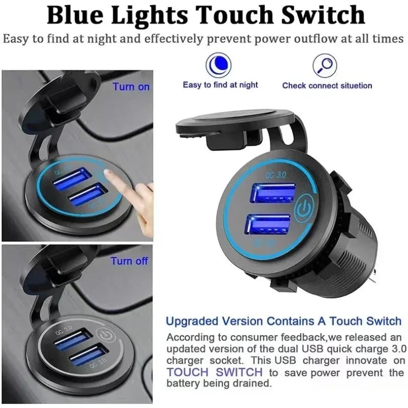 Car Quckly Charging Adapter 60W Dual QC 3.0 Dual USB Fast Car Charger Socket 12V/24V Waterproof with Switch Auto Power Outlet - Maxx accessoires auto
