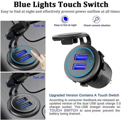 Car Quckly Charging Adapter 60W Dual QC 3.0 Dual USB Fast Car Charger Socket 12V/24V Waterproof with Switch Auto Power Outlet - Maxx accessoires auto