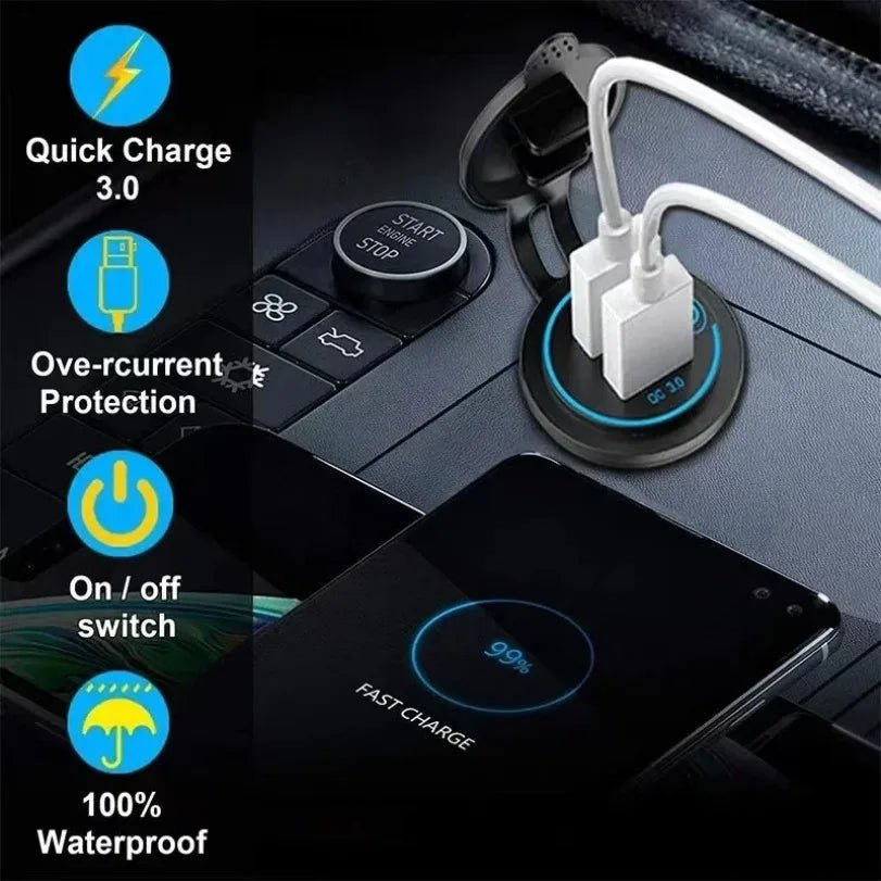 Car Quckly Charging Adapter 60W Dual QC 3.0 Dual USB Fast Car Charger Socket 12V/24V Waterproof with Switch Auto Power Outlet - Maxx accessoires auto