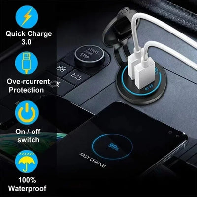 Car Quckly Charging Adapter 60W Dual QC 3.0 Dual USB Fast Car Charger Socket 12V/24V Waterproof with Switch Auto Power Outlet - Maxx accessoires auto