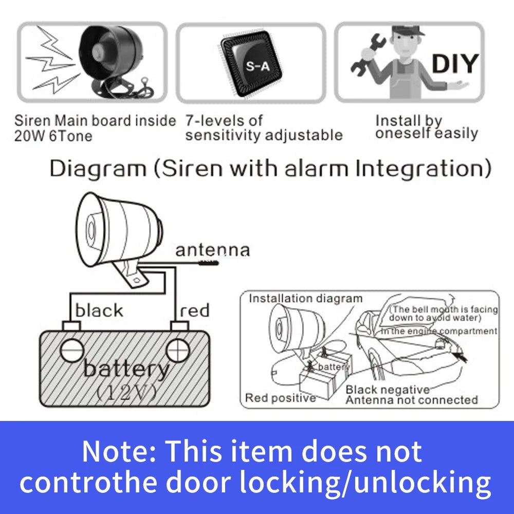 Horn Alarm Portable Universal 12V Vehicle Burglar Alarm Security Protection Auto Car Alarm System 2 Remote Control Auto Burglar - Maxx accessoires auto