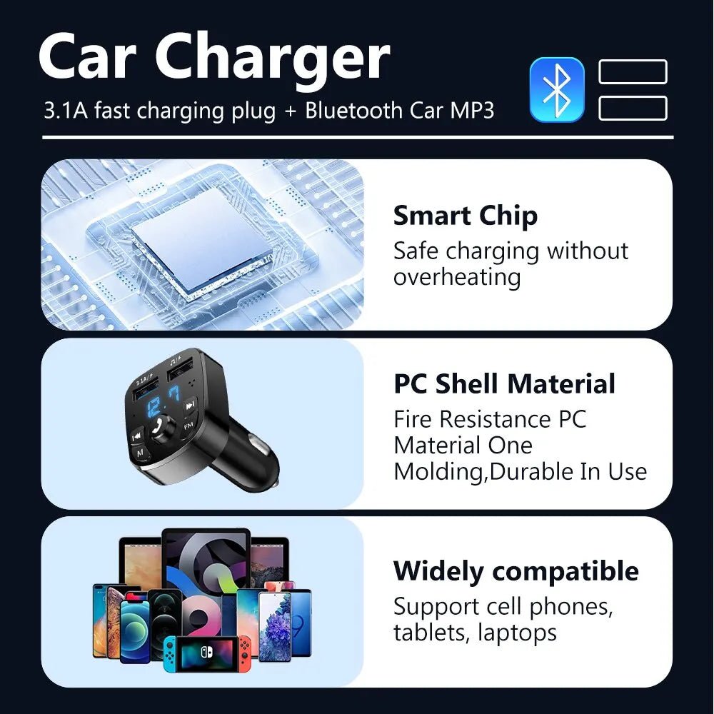 LED MP3 Car Bluetooth FM Audio Receiver Hands - Free Bluetooth 5.0 Transmitter 2.1A 3.1A QC3.0 PD Type C Dual USB Car kit Charger - Maxx accessoires auto