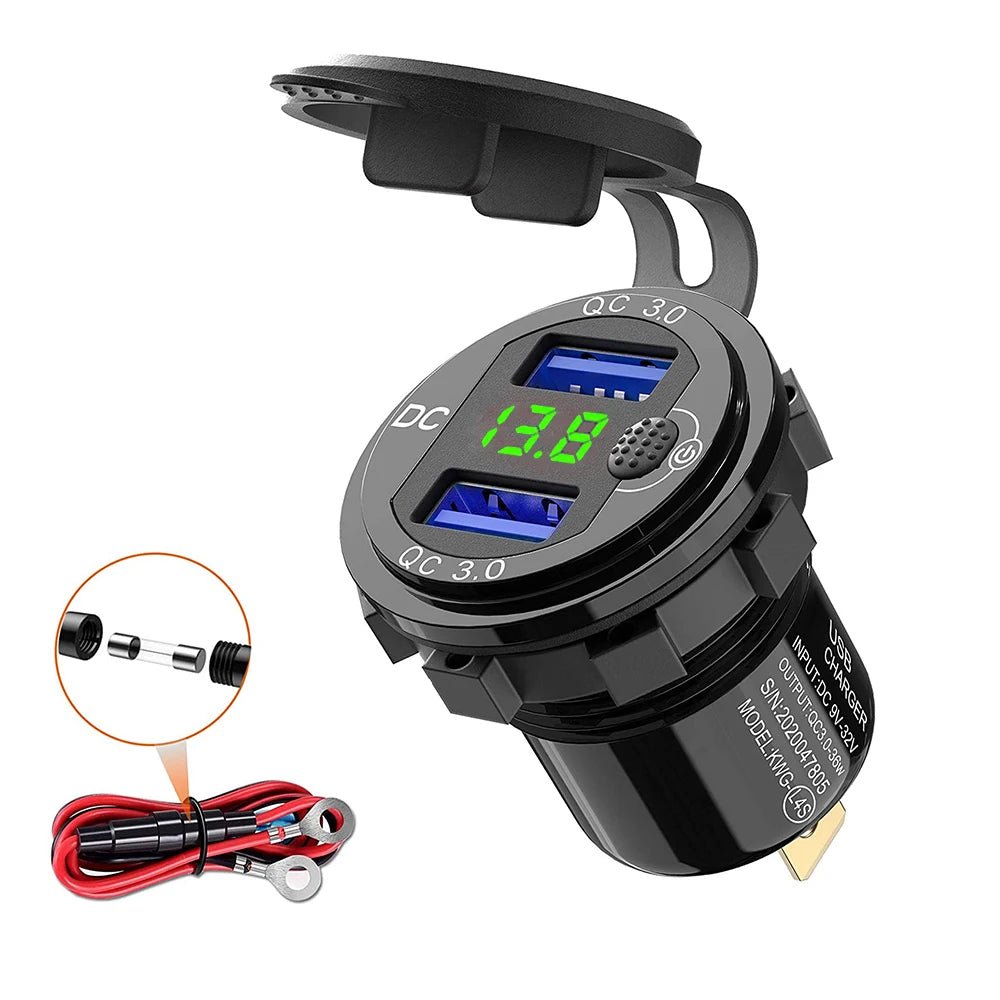 Quick Charge 3.0 36W Car Dual USB Charger QC3.0 Waterproof with Voltmeter Switch for 12V/24V Motorcycle ATV Boat Marine RV - Maxx accessoires auto
