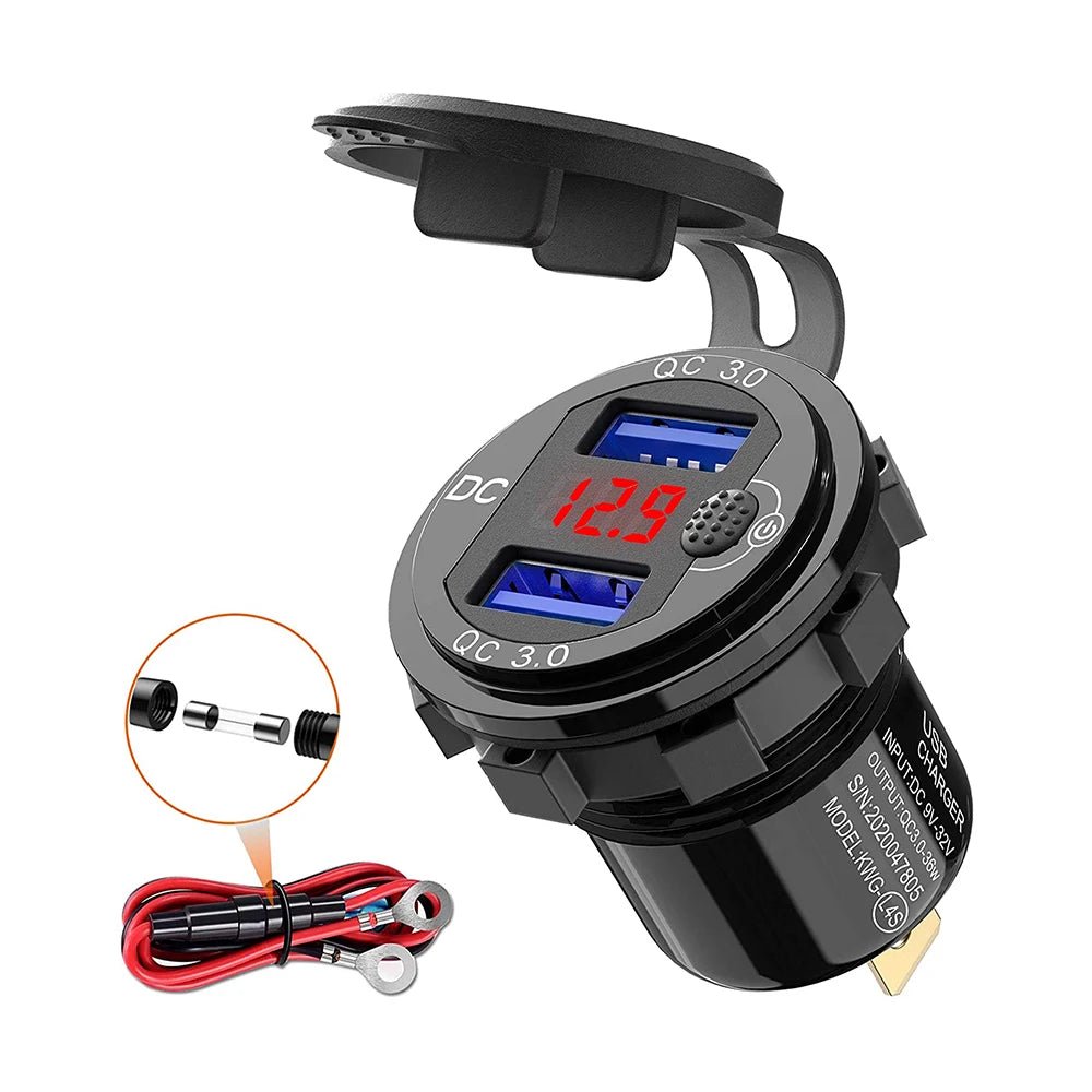 Quick Charge 3.0 36W Car Dual USB Charger QC3.0 Waterproof with Voltmeter Switch for 12V/24V Motorcycle ATV Boat Marine RV - Maxx accessoires auto