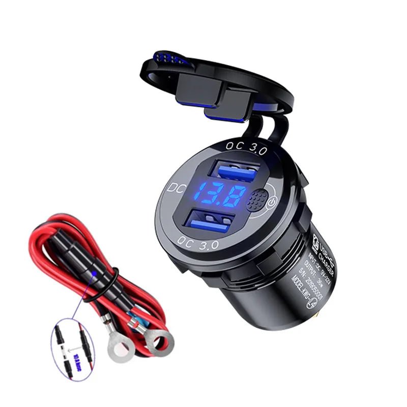 Quick Charge 3.0 36W Car Dual USB Charger QC3.0 Waterproof with Voltmeter Switch for 12V/24V Motorcycle ATV Boat Marine RV - Maxx accessoires auto