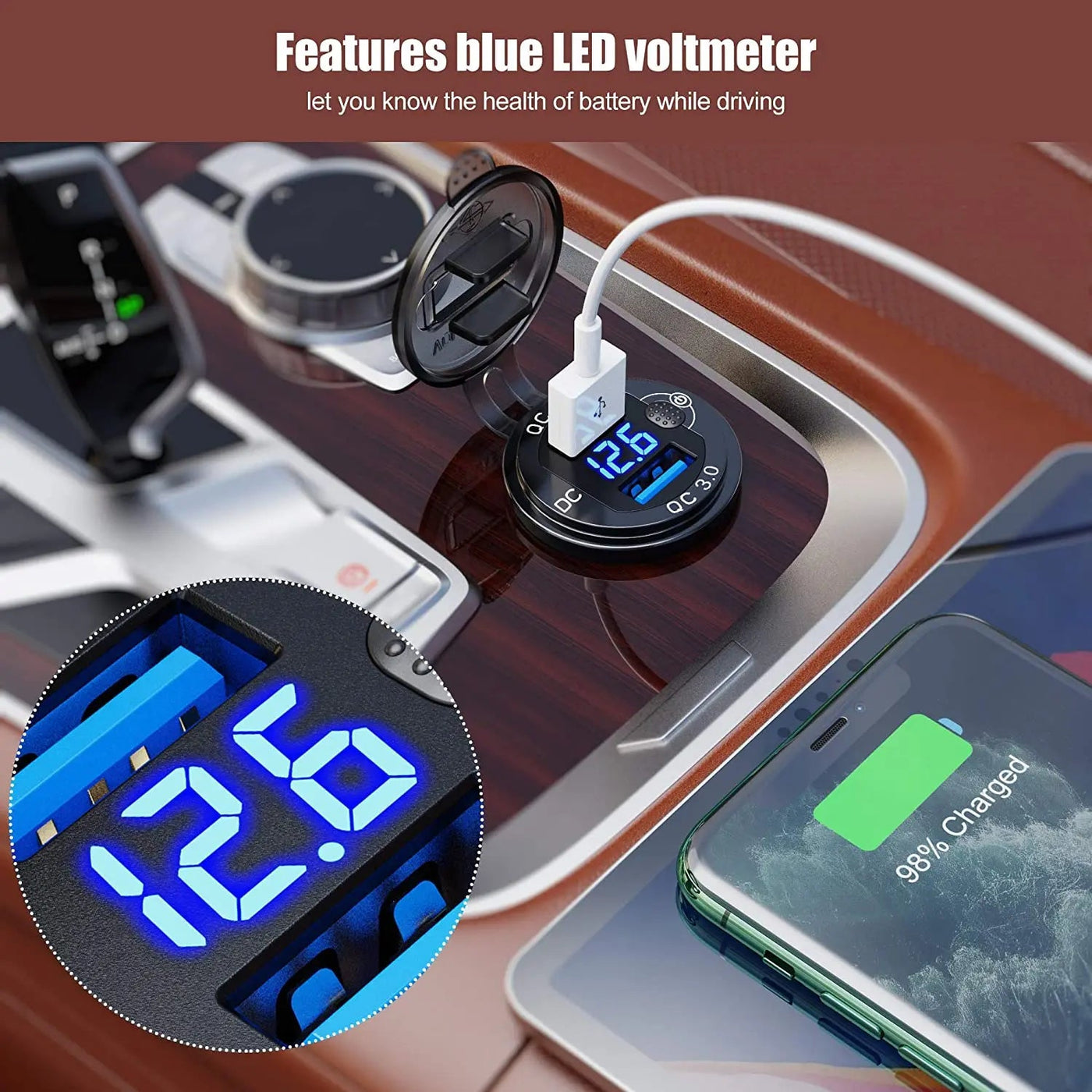 Quick Charge 3.0 36W Car Dual USB Charger QC3.0 Waterproof with Voltmeter Switch for 12V/24V Motorcycle ATV Boat Marine RV - Maxx accessoires auto