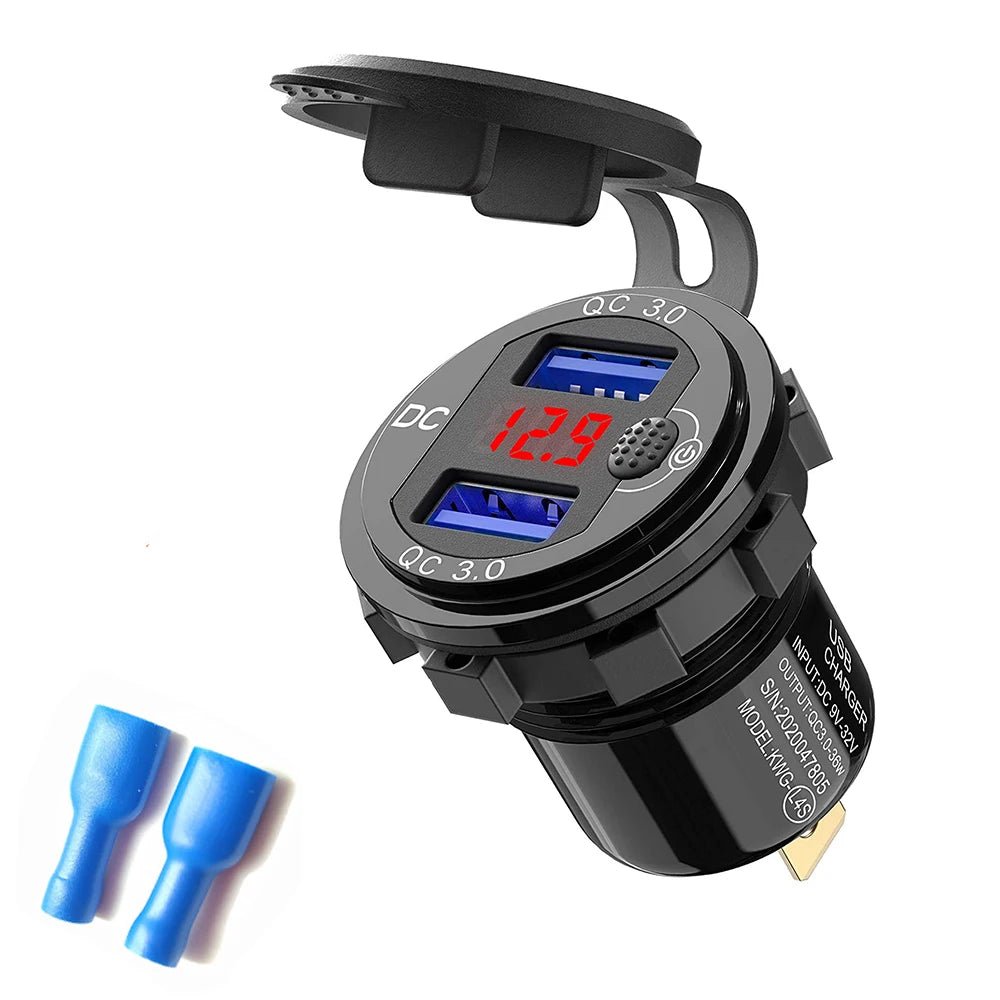 Quick Charge 3.0 36W Car Dual USB Charger QC3.0 Waterproof with Voltmeter Switch for 12V/24V Motorcycle ATV Boat Marine RV - Maxx accessoires auto