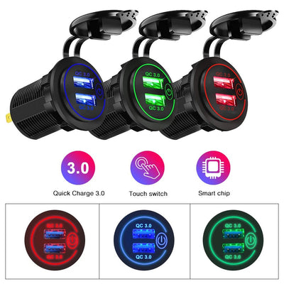 Quick Charge 3.0 Dual USB Car Charger Waterproof 12V/24V QC3.0 USB Fast Charger Socket Power Outlet with Touch Switch - Maxx accessoires auto