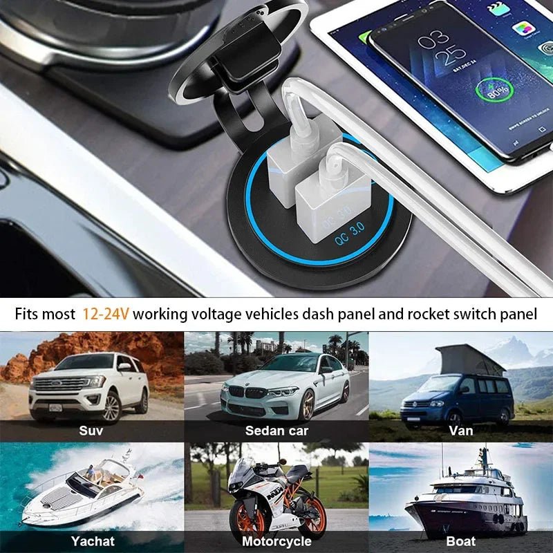 Quick Charge 3.0 Dual USB Car Charger Waterproof 12V/24V QC3.0 USB Fast Charger Socket Power Outlet with Touch Switch - Maxx accessoires auto