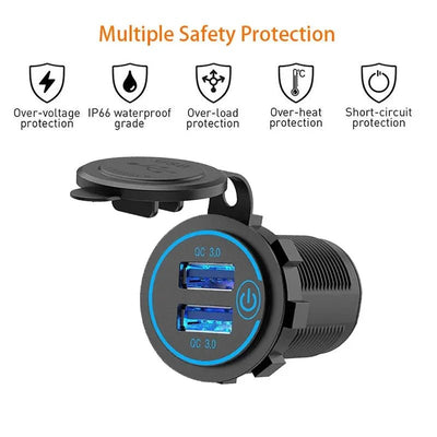 Quick Charge 3.0 Dual USB Car Charger Waterproof 12V/24V QC3.0 USB Fast Charger Socket Power Outlet with Touch Switch - Maxx accessoires auto