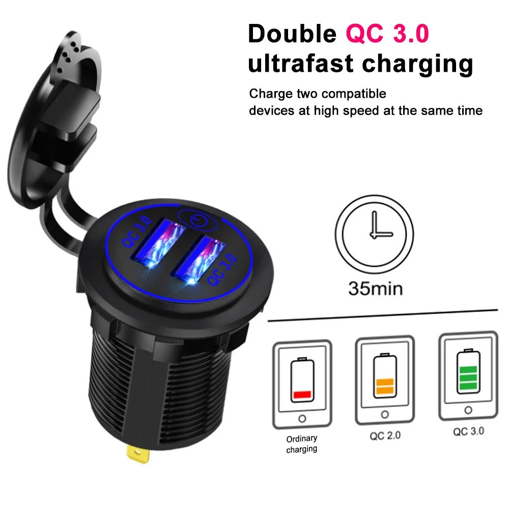 Quick Charge 3.0 Dual USB Car Charger Waterproof 12V/24V QC3.0 USB Fast Charger Socket Power Outlet with Touch Switch - Maxx accessoires auto