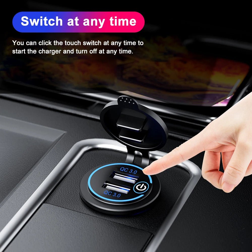 Quick Charge 3.0 Dual USB Car Charger Waterproof 12V/24V QC3.0 USB Fast Charger Socket Power Outlet with Touch Switch - Maxx accessoires auto