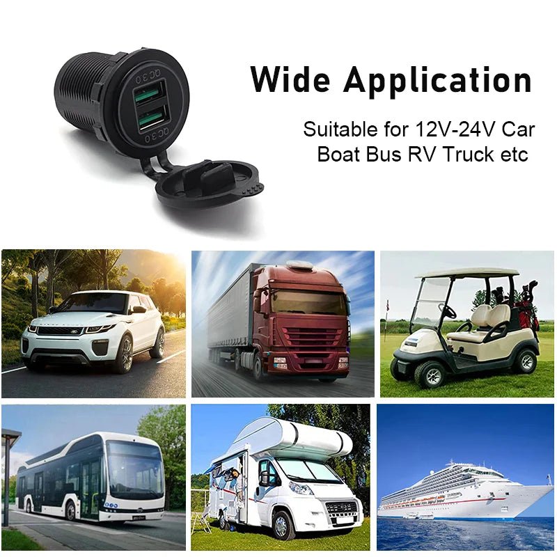 Quick Charge 3.0 Dual USB Charger Socket Power Outlet Waterproof 12V/24V Fast Charger for Car Truck Motorcycle Marine Boat RV - Maxx accessoires auto