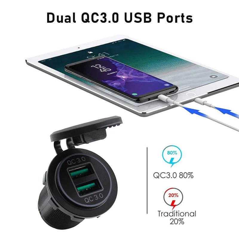 Quick Charge 3.0 Dual USB Charger Socket Power Outlet Waterproof 12V/24V Fast Charger for Car Truck Motorcycle Marine Boat RV - Maxx accessoires auto