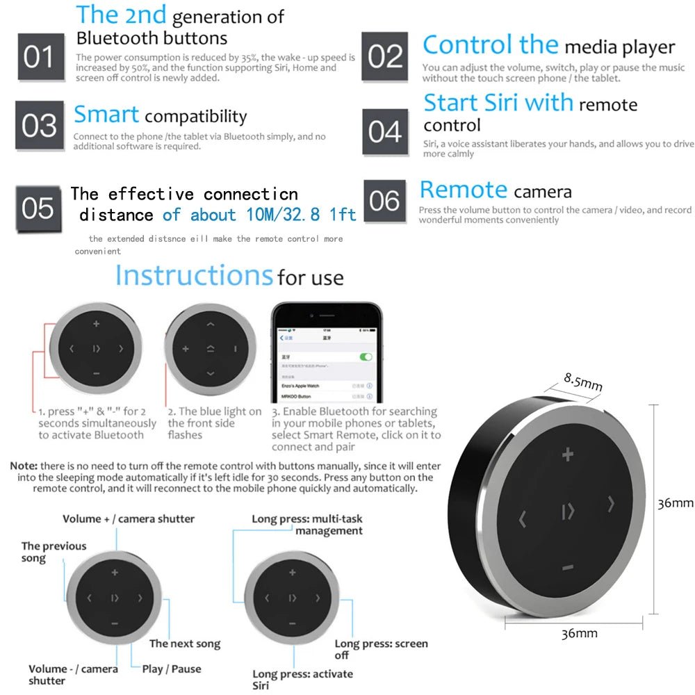 Wireless Bluetooth Remote Control Car Kit Media Button Car Motorcycle Steering Wheel Music Player Controller for iOS/Android - Maxx accessoires auto
